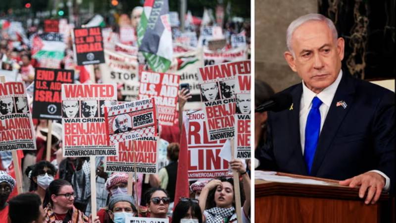Netanyahu, dışarıda binler kendisini protesto ederken ABD Kongresi’ne “Bizim savaşımız sizin savaşınız” dedi; onlarca Demokrat boykot etti